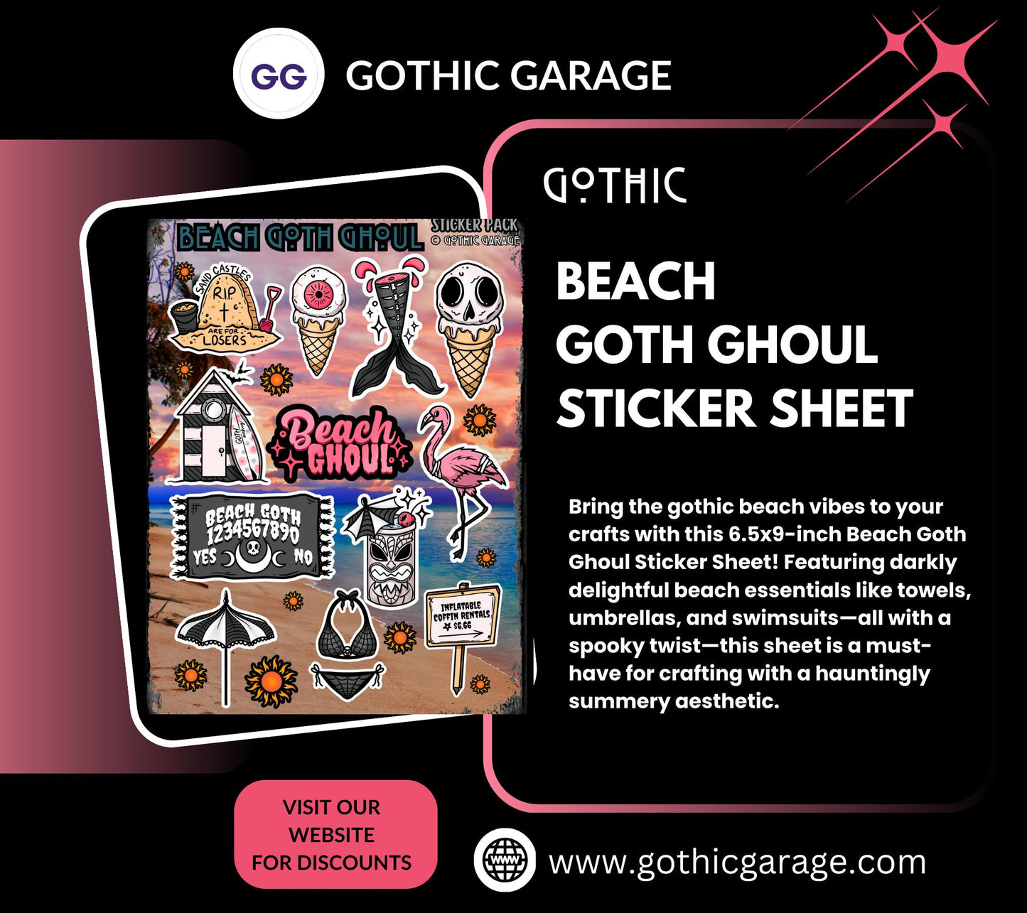 Beach Goth Ghoul Sticker Sheet – Where Spooky Meets Sunny - Perfect for Scrapbooking and Collecting