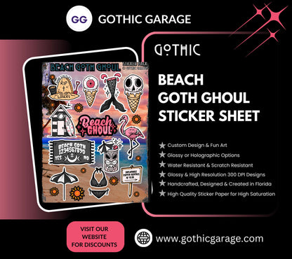 Beach Goth Ghoul Sticker Sheet – Where Spooky Meets Sunny - Perfect for Scrapbooking and Collecting