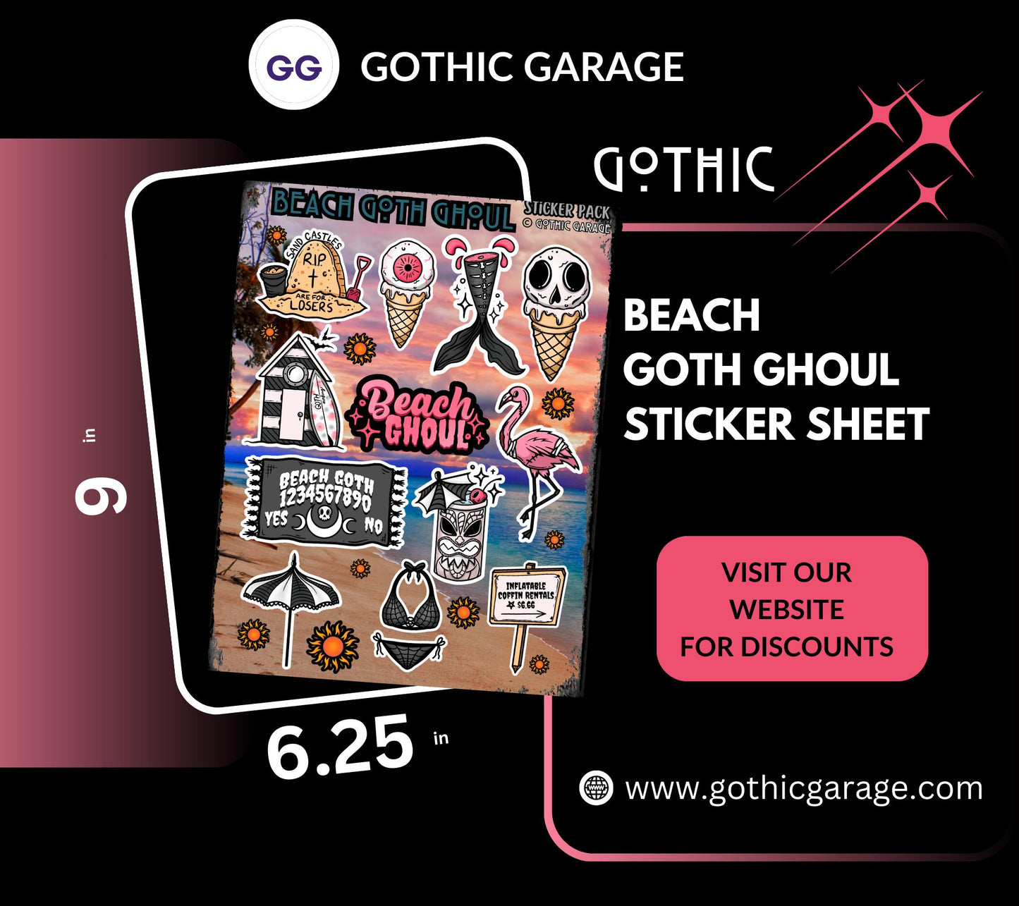 Beach Goth Ghoul Sticker Sheet – Where Spooky Meets Sunny - Perfect for Scrapbooking and Collecting