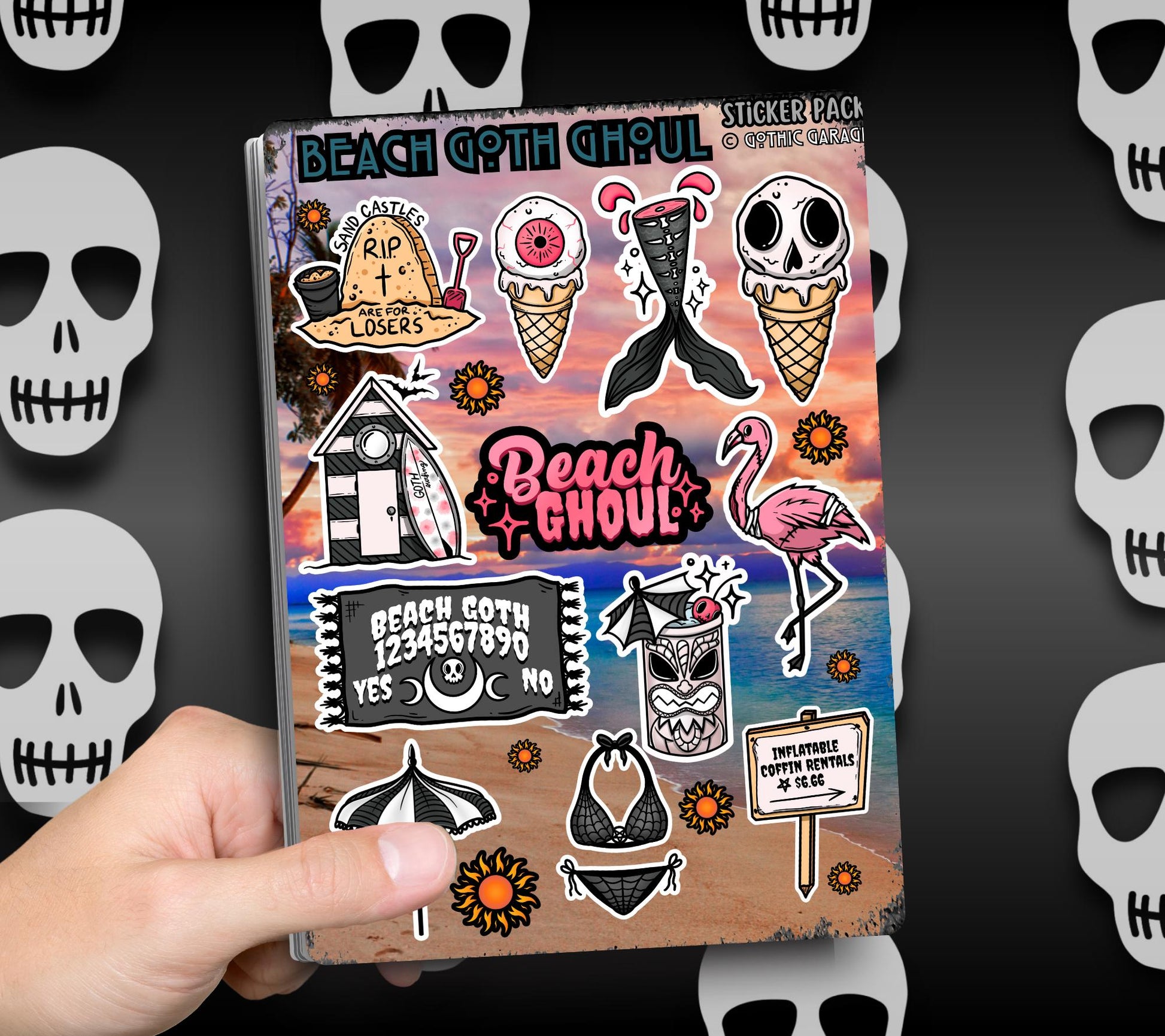 Beach Goth Ghoul Sticker Sheet – Where Spooky Meets Sunny - Perfect for Scrapbooking and Collecting