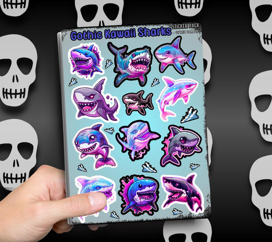 Gothic Kawaii Sharks Sticker Sheets for Collecting and Scrapbooking - High-Quality, Vibrant Designs, Perfect Budget Friendly Gifts