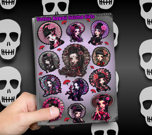 Gothic Kawaii Geisha Girls Sticker Sheets for Collecting and Scrapbooking - High-Quality, Vibrant Designs, Perfect Budget Friendly Gifts