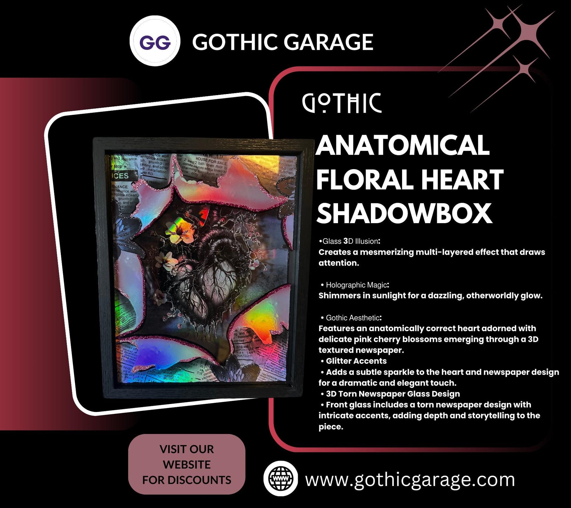 Gothic Anatomically Correct Floral Heart Shadowbox, Unique Dark Academia Wall Decor, Perfect Art for a Gothic Living Space