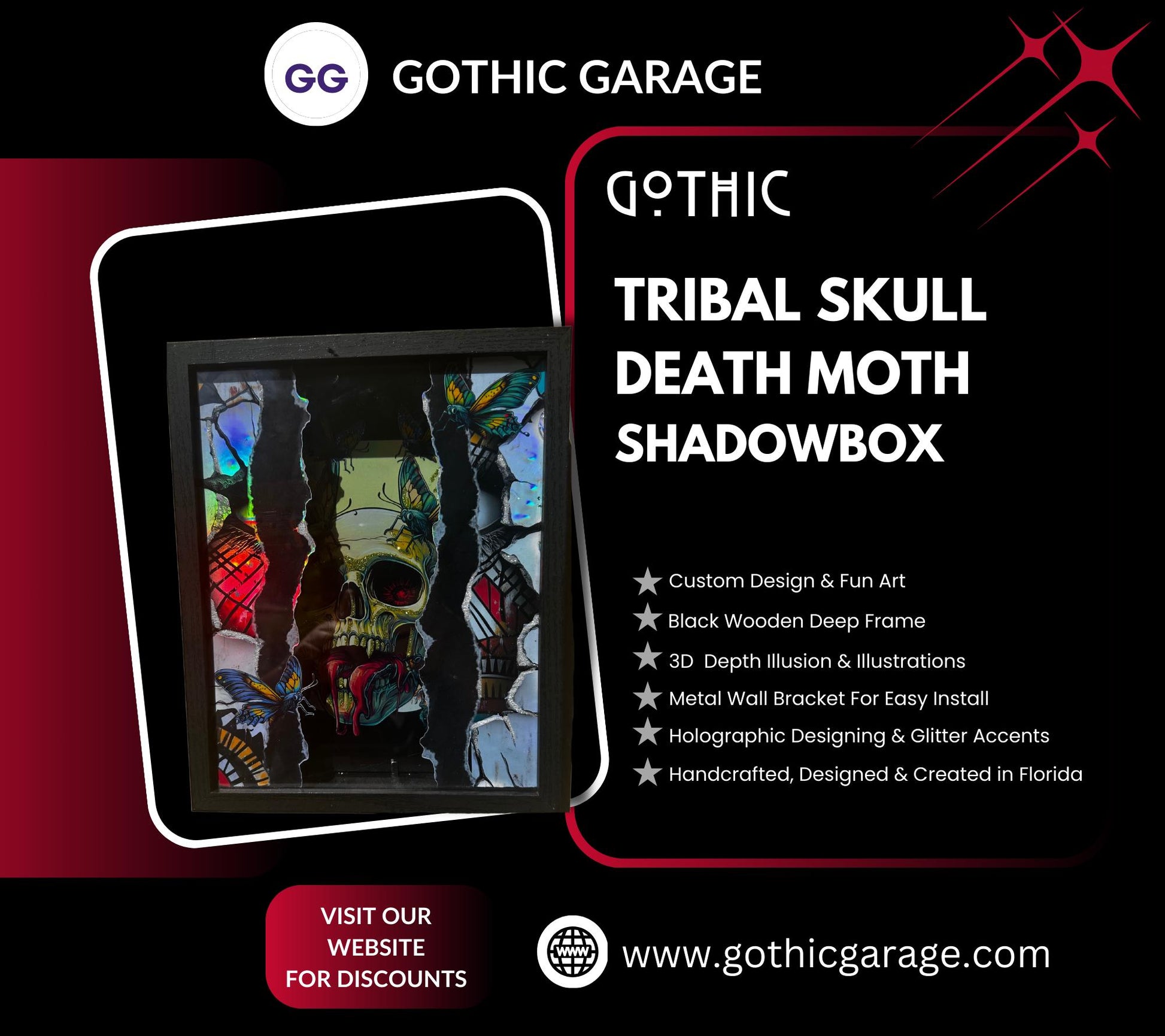 Gothic Tribal Skull & Death Moth Shadowbox, Unique Dark Academia Wall Decor, Perfect Art for a Gothic Living Spcae