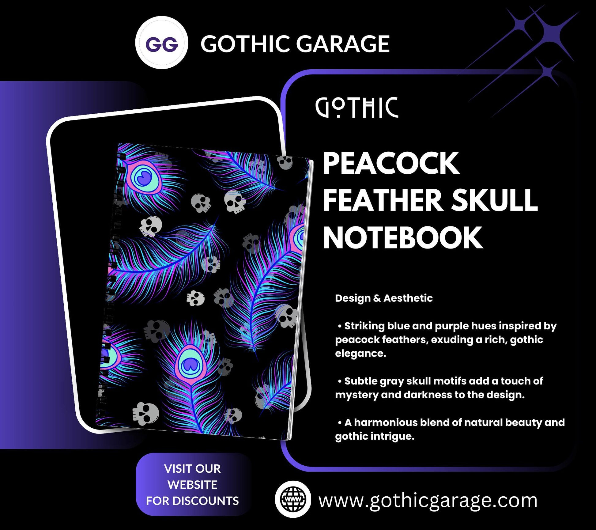 Peacock Feather Skull Lined Notebook- 160 Pages for Daily Tasks, Note Taking, Journaling, & Dreamy Escapes-