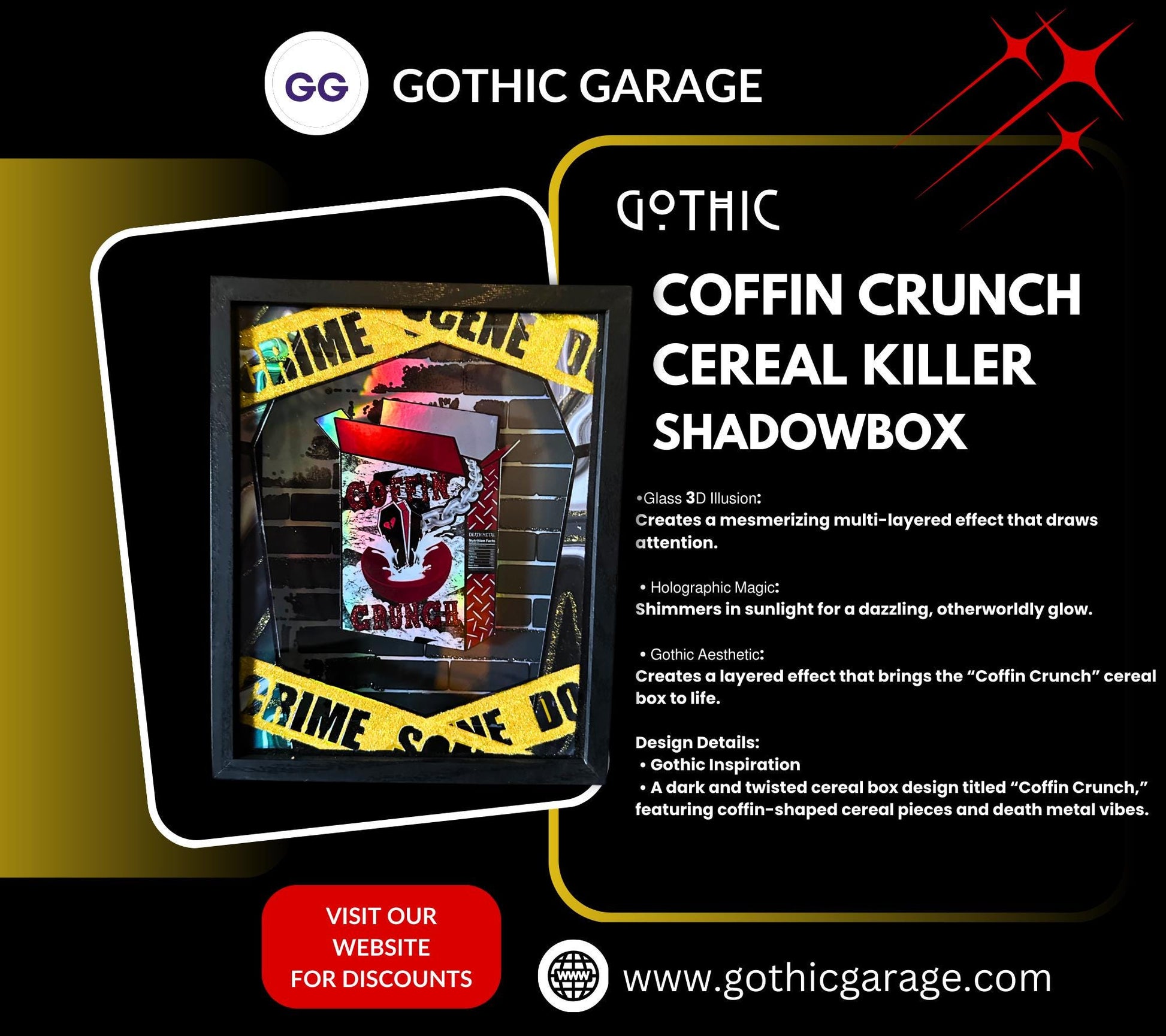 Coffin Crunch Cereal Killer Shadowbox, Unique Dark Academia Wall Decor, Perfect Art for a Gothic Living Space or Valentine’s Day