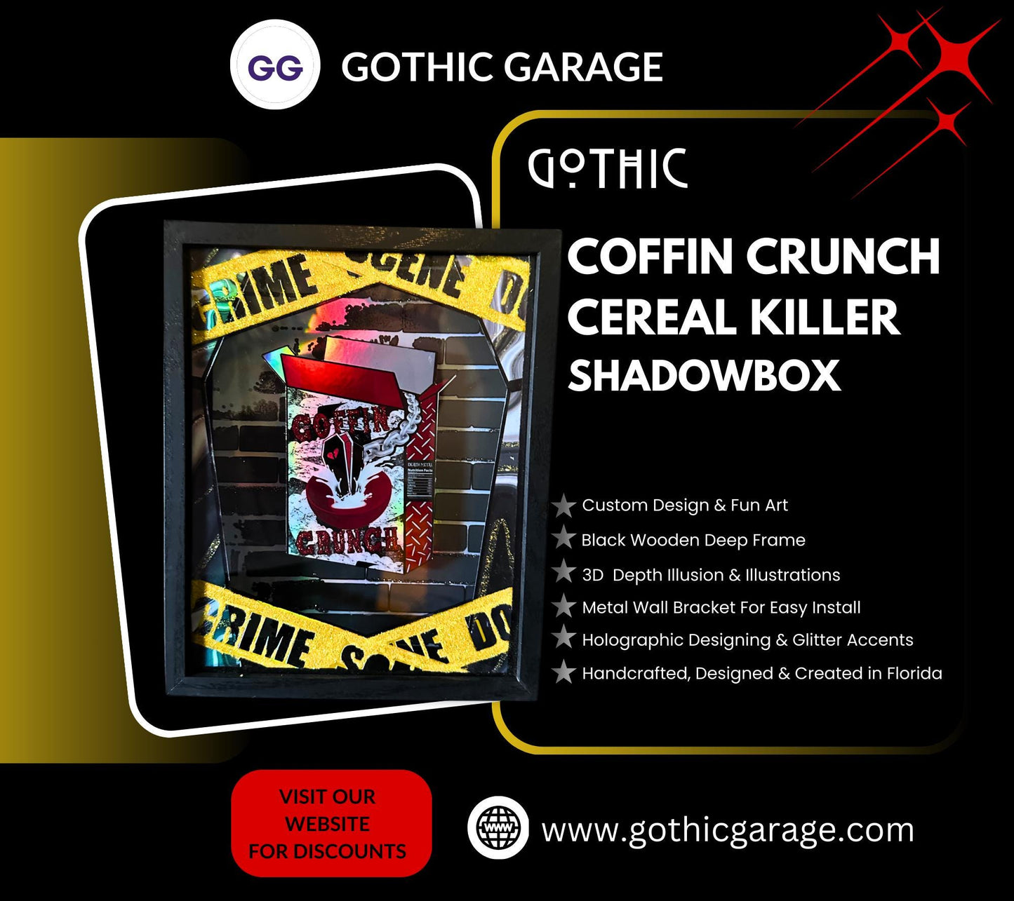 Coffin Crunch Cereal Killer Shadowbox, Unique Dark Academia Wall Decor, Perfect Art for a Gothic Living Space or Valentine’s Day