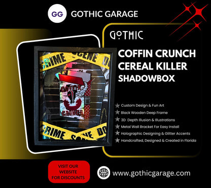 Coffin Crunch Cereal Killer Shadowbox, Unique Dark Academia Wall Decor, Perfect Art for a Gothic Living Space or Valentine’s Day