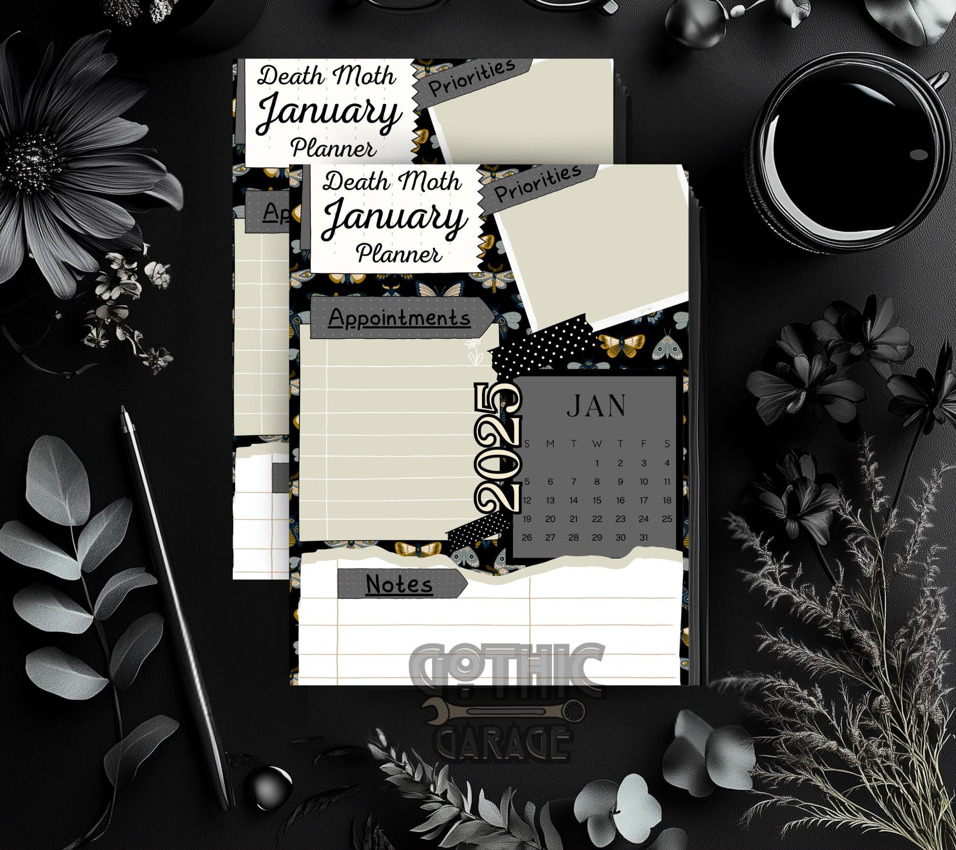 Printable Death Moth 2025 Yearly Planner – Download & Organize Your Months with Gothic Elegance