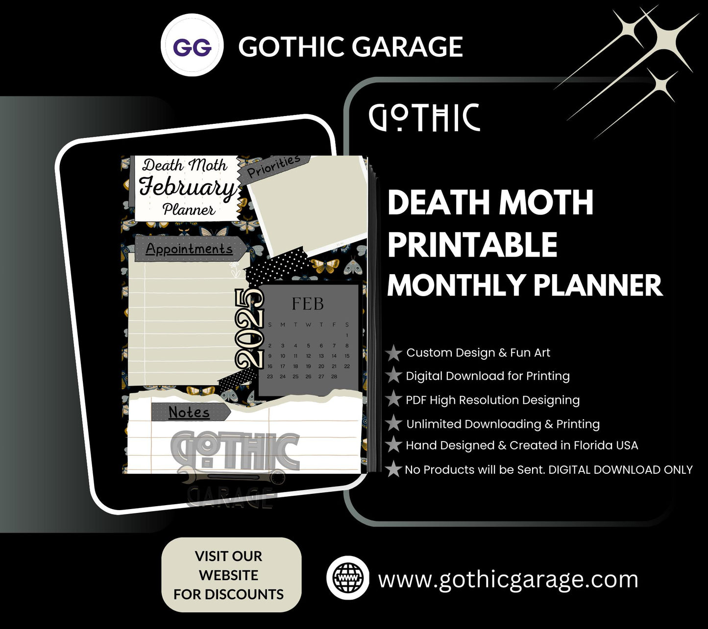 Printable Death Moth 2025 Yearly Planner – Download & Organize Your Months with Gothic Elegance