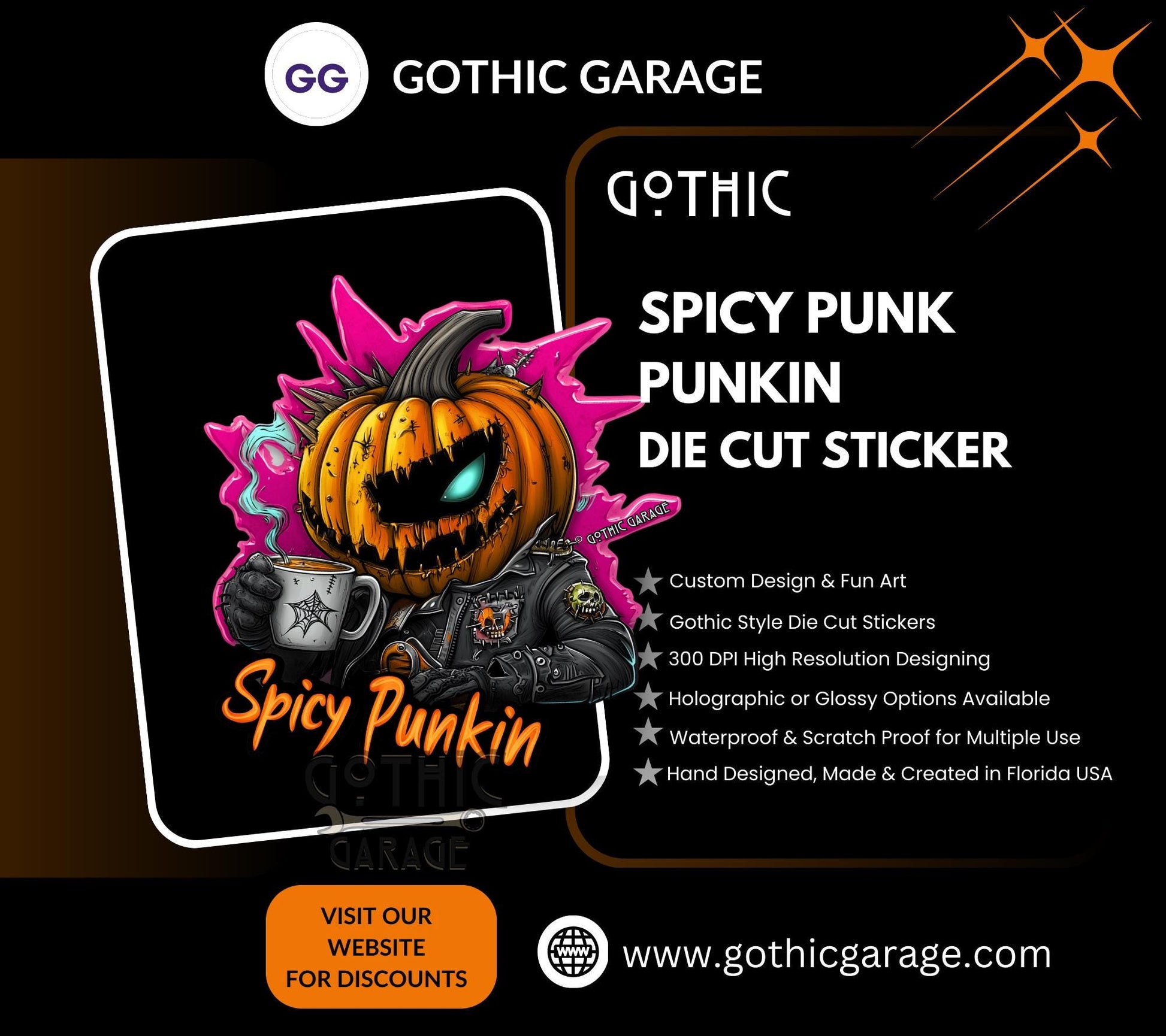 Punk Rock Spicy Punkin Waterproof Die Cut Sticker, Choose Between Glossy or Holographic, Perfect to Add Fun to any Surface