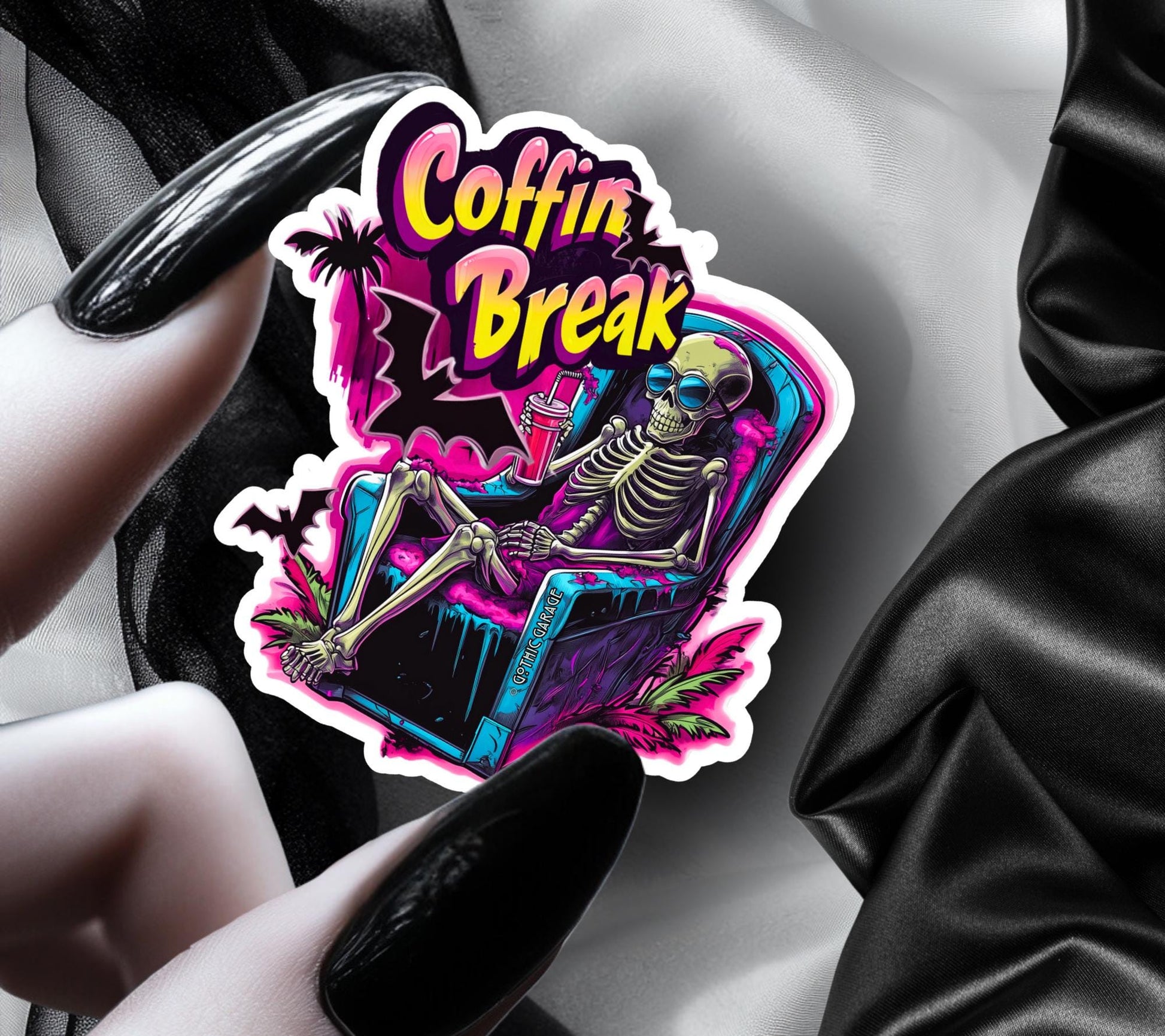 Coffin Break Skeleton Waterproof Die Cut Sticker, Choose Between Glossy or Holographic, Perfect to Add Fun to any Surface