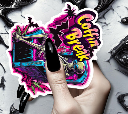 Coffin Break Skeleton Waterproof Die Cut Sticker, Choose Between Glossy or Holographic, Perfect to Add Fun to any Surface