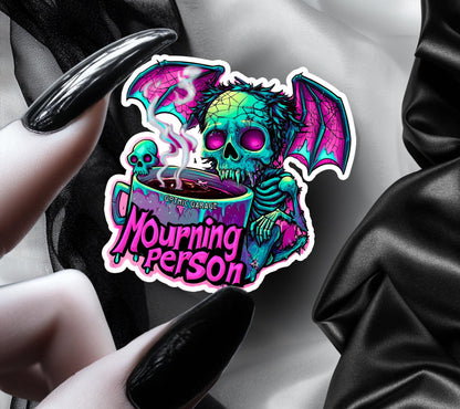 Mourning Skeleton Ghoul Waterproof Die Cut Sticker, Choose Between Glossy or Holographic, Perfect to Add Fun to any Surface