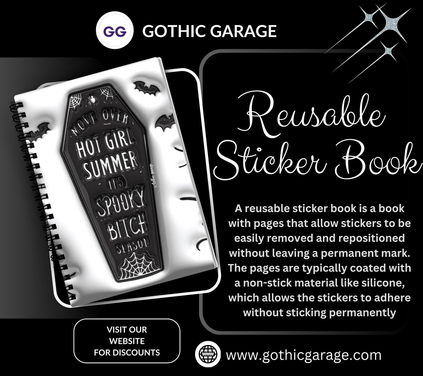 Gothic Spooky Bitch Season Reusable Sticker Book, Gothic Vibe Sticker Album, Perfect Gift to Personalize for Goth Lovers & Sticker Collector