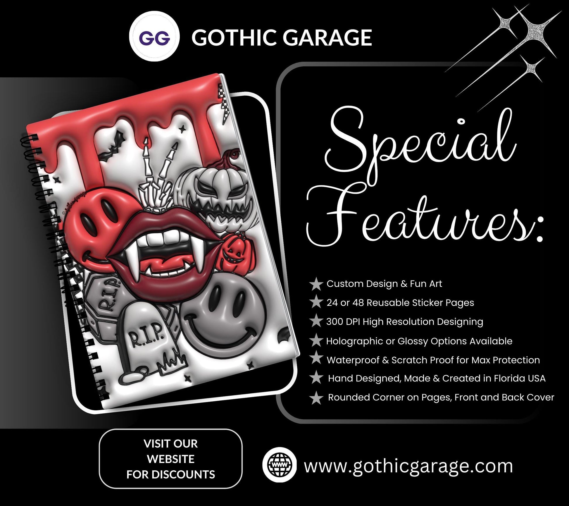 Gothic Vampire Collage Reusable Sticker Book, Gothic Vibe Sticker Album, Perfect Gift to Personalize for Goth Lovers & Sticker Collectors