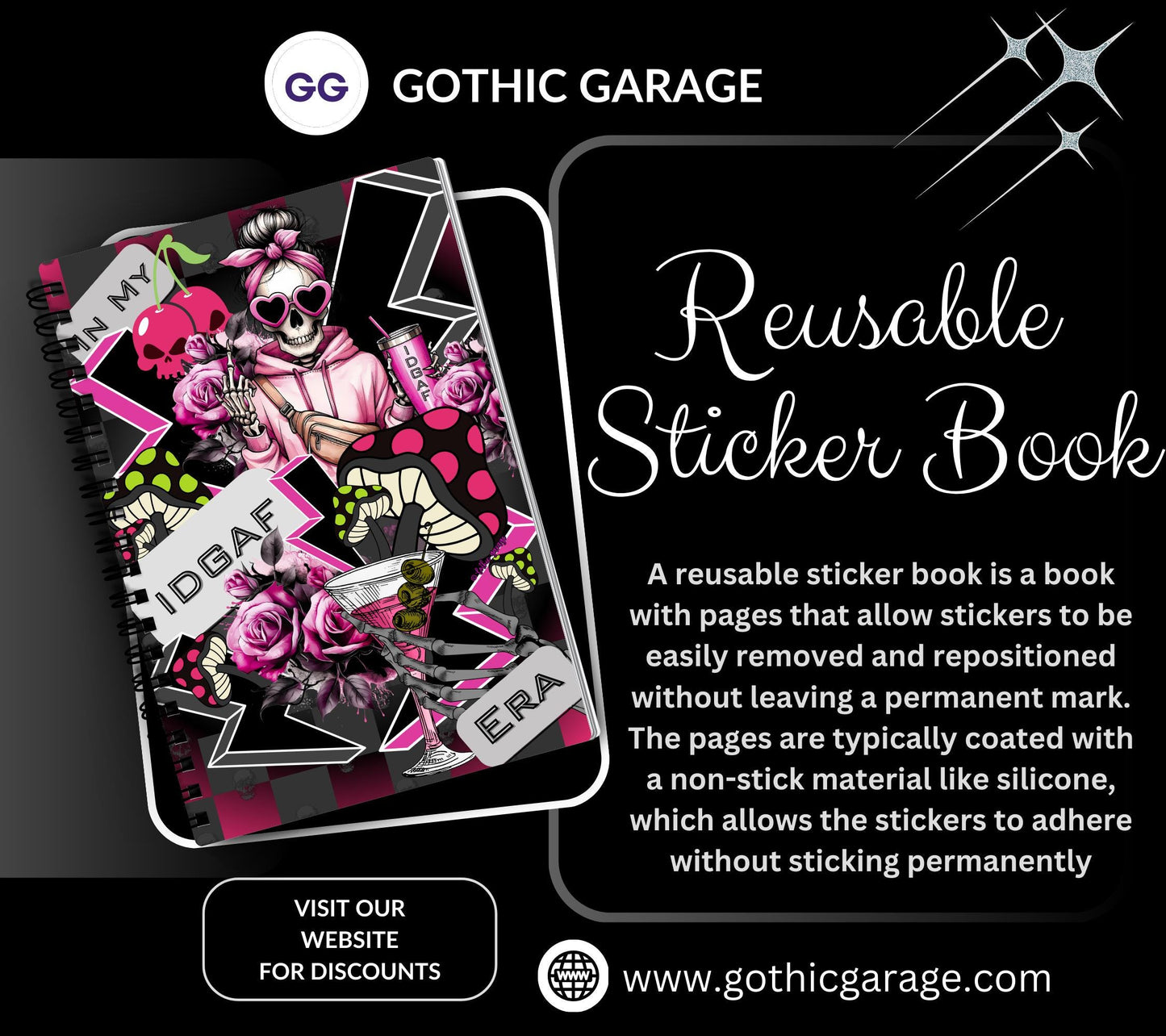 In My IDGAF Era Reusable Sticker Book, Gothic Vibe Sticker Album, Perfect Gift to Personalize for Goth Lovers & Sticker Collectors