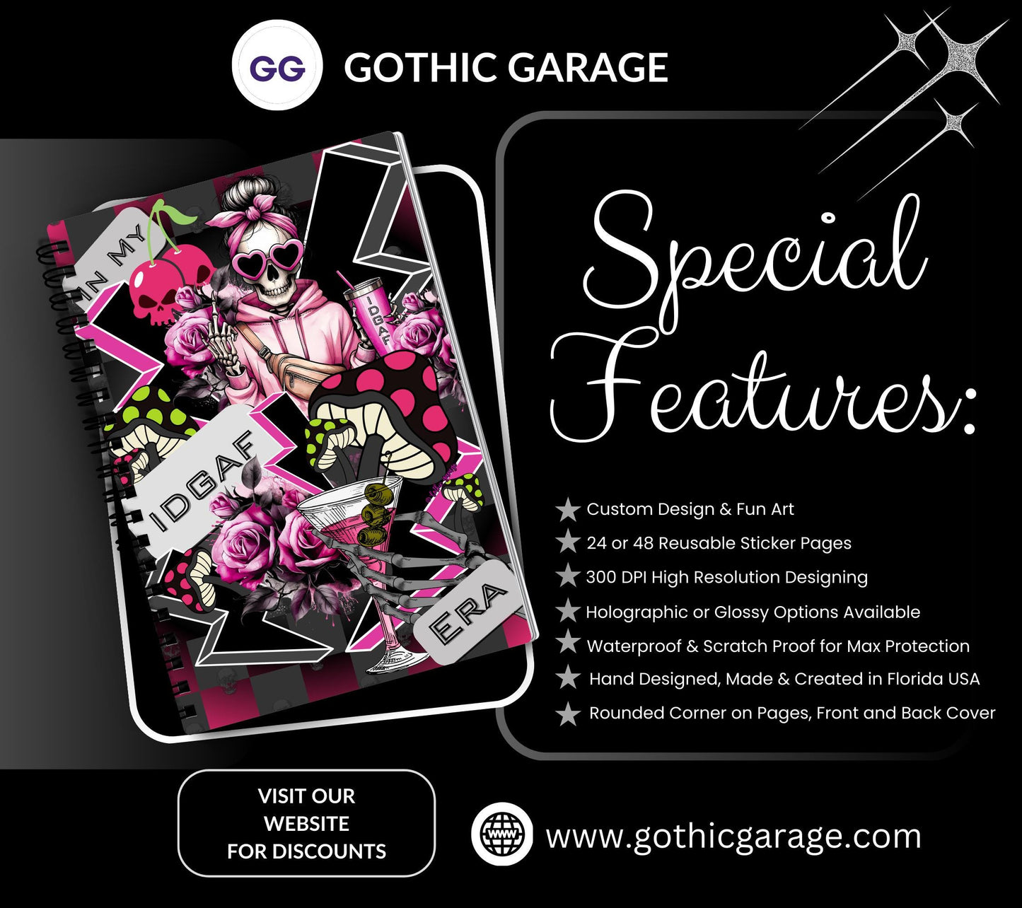 In My IDGAF Era Reusable Sticker Book, Gothic Vibe Sticker Album, Perfect Gift to Personalize for Goth Lovers & Sticker Collectors