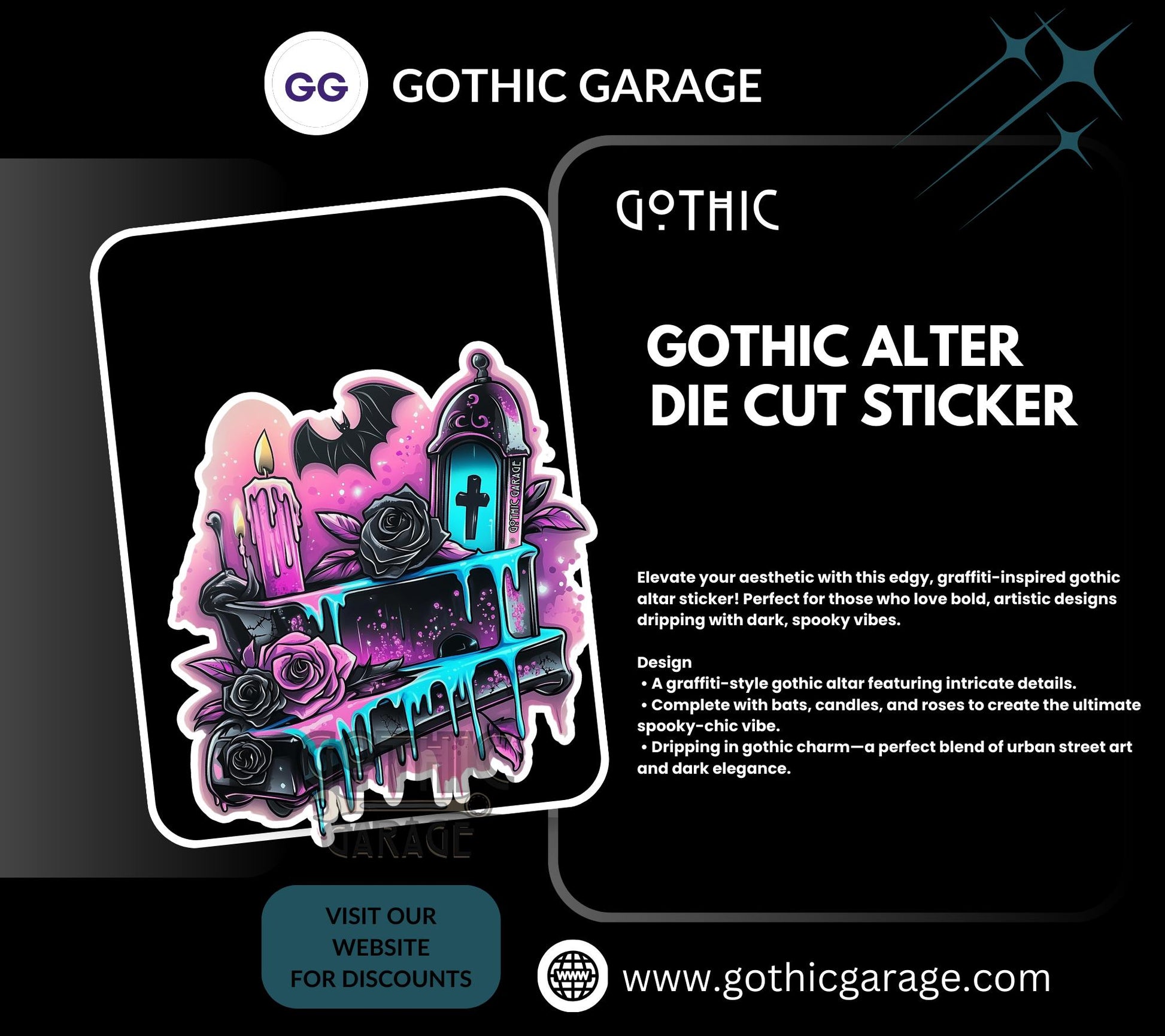 Graffiti Gothic Alter Waterproof Die Cut Sticker, Choose Between Glossy or Holographic, Perfect to Add Fun to any Surface