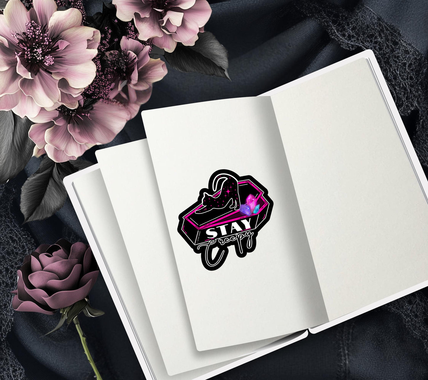 Stay Creepy Coffin Cat, Waterproof Die Cut Sticker, Choose Between Glossy or Holographic, Perfect to Add Fun to any Surface