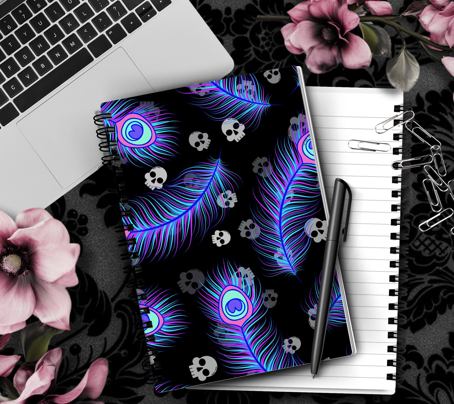 Peacock Feather Skull Lined Notebook- 160 Pages for Daily Tasks, Note Taking, Journaling, & Dreamy Escapes-