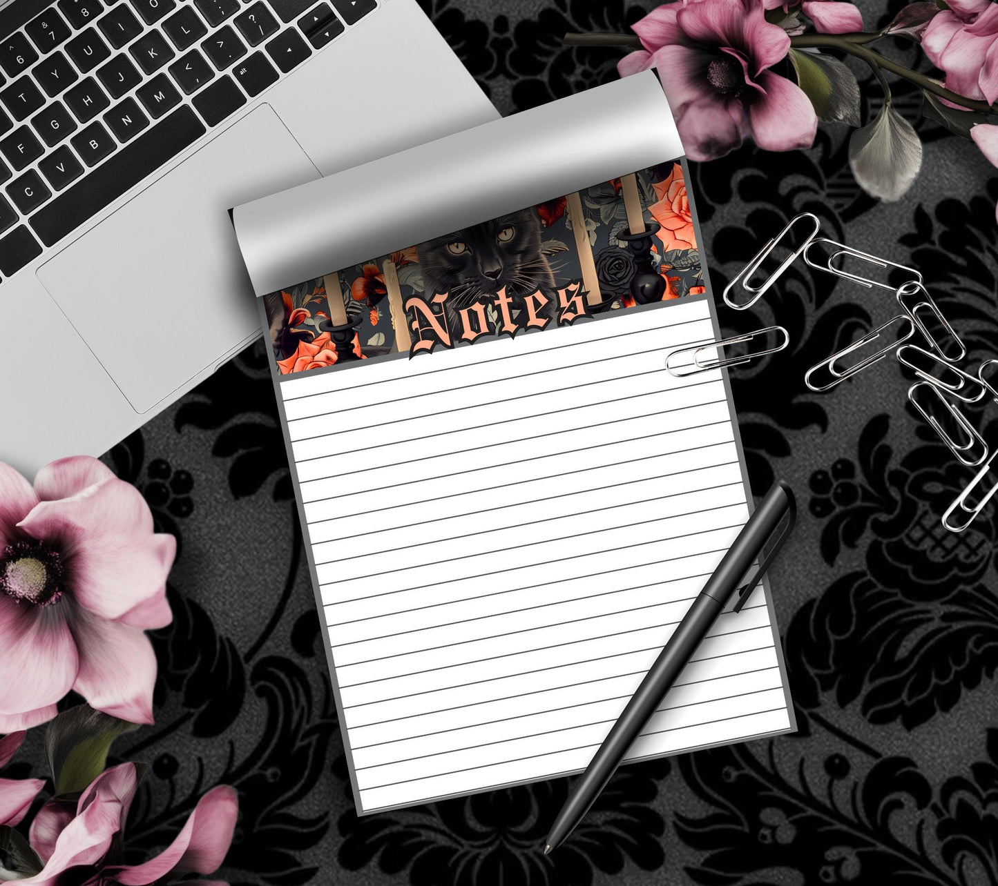 Gothic Black Cat, Candle & Peach Rose Notepad, Goth Stationery for Taking Notes or Task Management