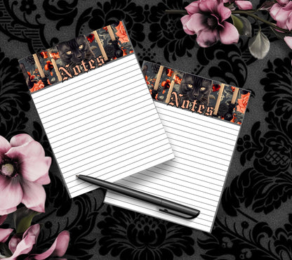 Gothic Black Cat, Candle & Peach Rose Notepad, Goth Stationery for Taking Notes or Task Management