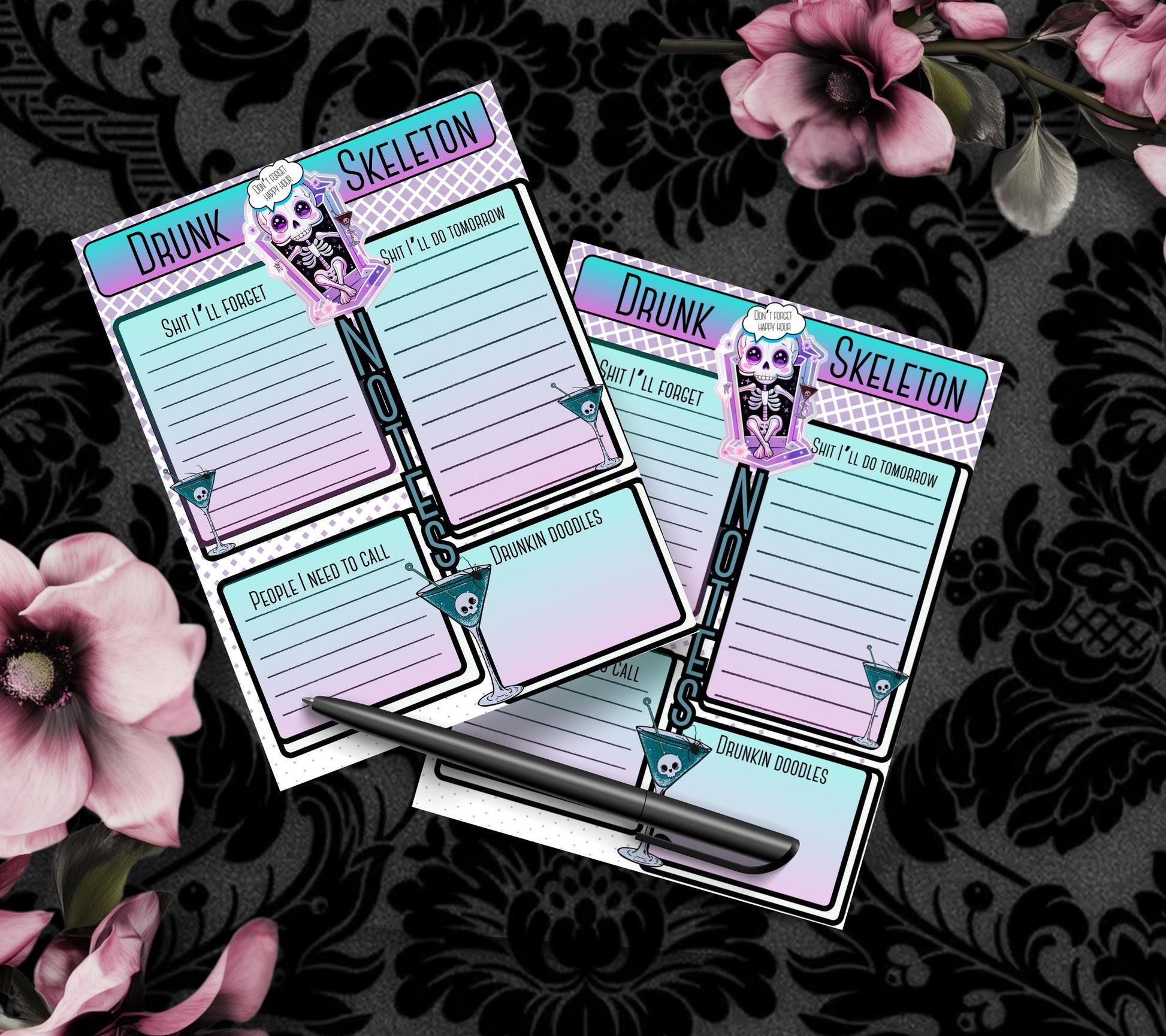 Gothic Kawaii Drunk Skeleton Notepad, Goth Stationery for Taking Notes or Task Management, Perfect Personalized Birthday Gift