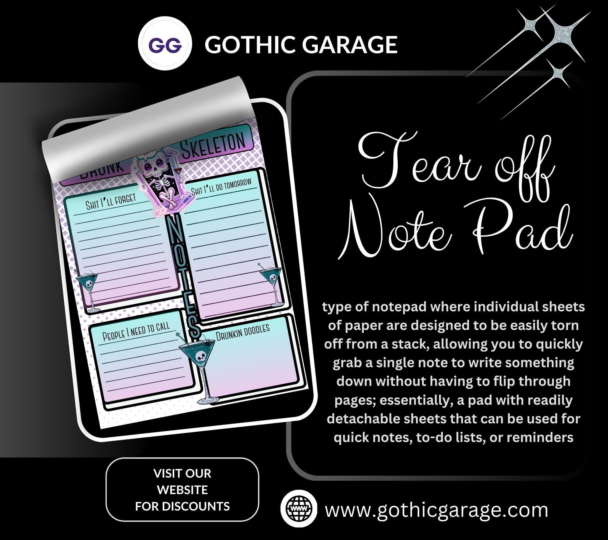 Gothic Kawaii Drunk Skeleton Notepad: Task Management Stationery