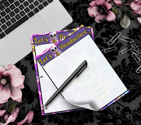 Gothic Kawaii Skeleton Honey Bee Notepad, “Let’s Bee Productive” Goth Stationery for Taking Notes or Task Management