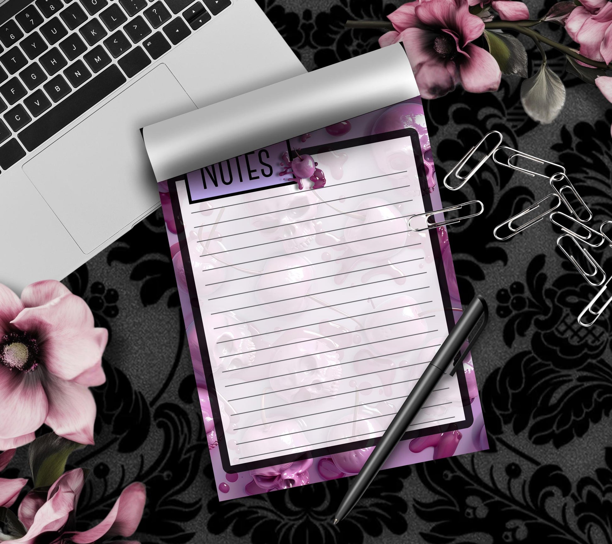 Gothic Skull Cherries Notepad, Goth Stationery for Taking Notes or Task Management, Perfect Personalized Birthday Gift