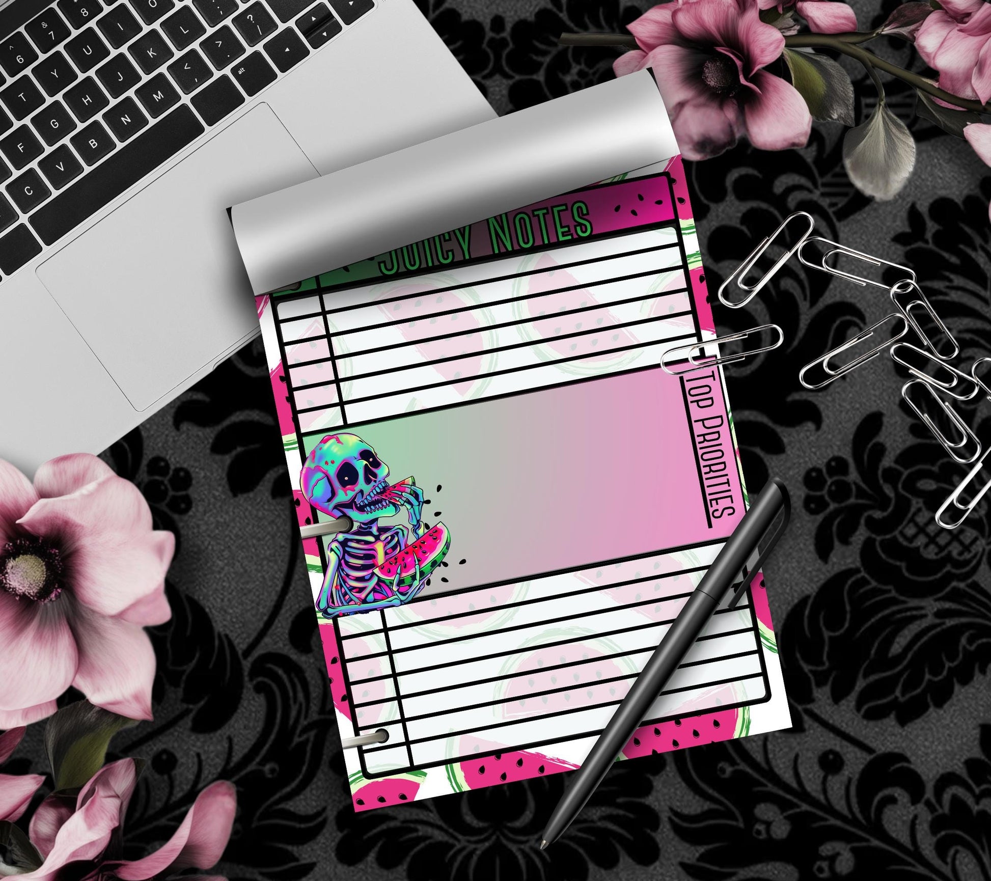 Kawaii Watermelon Skeleton Notepad, Gothic Memos of “Juicy Notes”, Goth Stationery for Taking Notes or Task Management