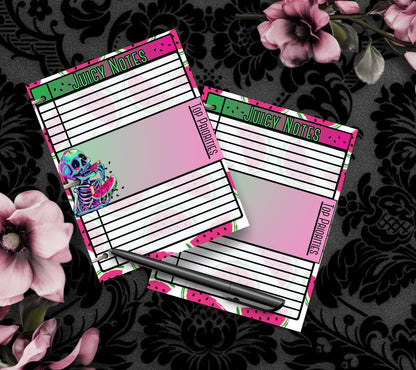 Kawaii Watermelon Skeleton Notepad, Gothic Memos of “Juicy Notes”, Goth Stationery for Taking Notes or Task Management