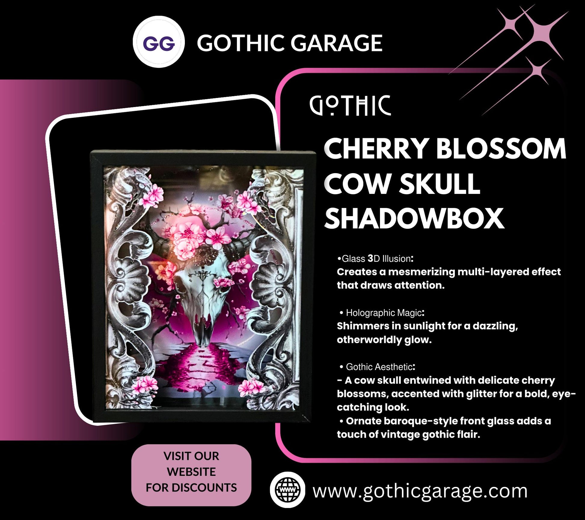 Gothic Cherry Blossom Cow Skull Shadowbox, Unique Dark Academia Wall Decor, Perfect Art for a Gothic Living Space