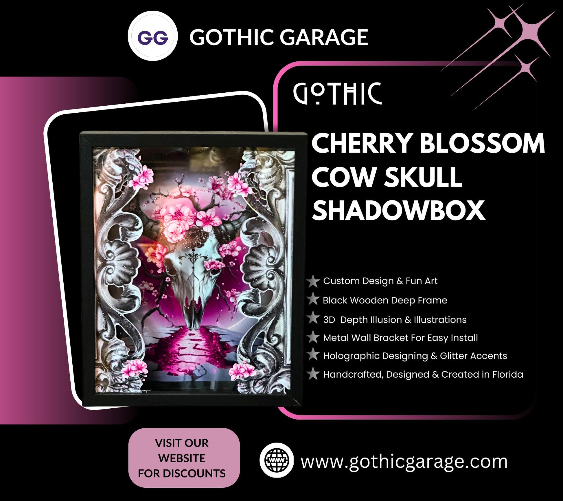 Gothic Cherry Blossom Cow Skull Shadowbox, Unique Dark Academia Wall Decor, Perfect Art for a Gothic Living Space