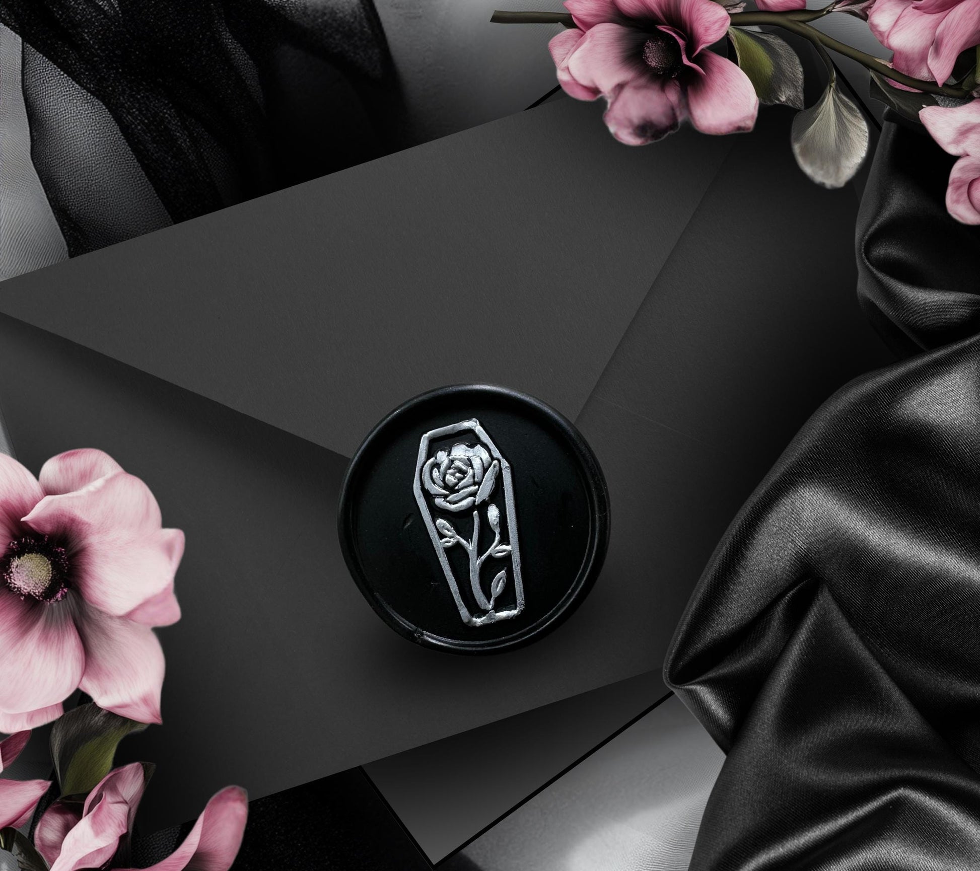 Coffin Rose Wax Seal Sticker – Gothic Soy Wax Seal, Hand-Poured for Envelopes, Gifts & Witchy Stationery