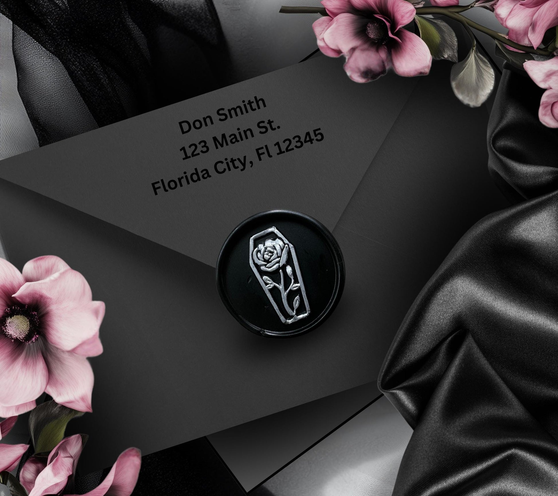 Coffin Rose Gothic Soy Wax Seal Sticker, Handpoured & Stamped, Elegant Addition for Gothic Wedding Envelopes and Invitations