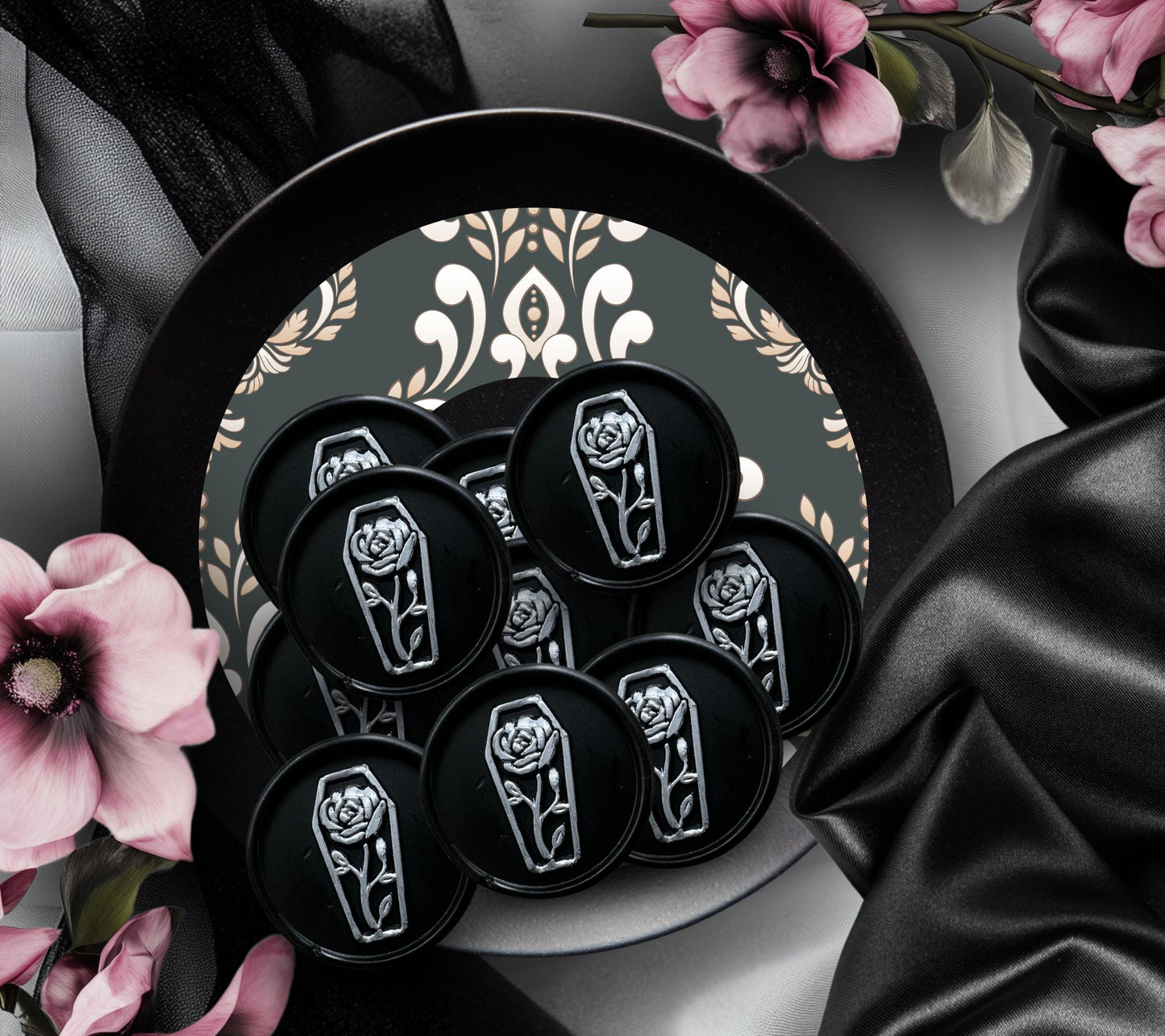 Coffin Rose Wax Seal Sticker – Gothic Soy Wax Seal, Hand-Poured for Envelopes, Gifts & Witchy Stationery