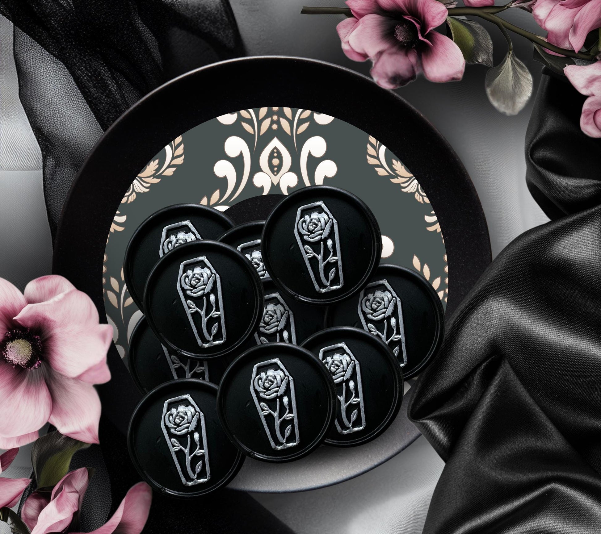 Coffin Rose Wax Seal Sticker – Gothic Soy Wax Seal, Hand-Poured for Envelopes, Gifts & Witchy Stationery
