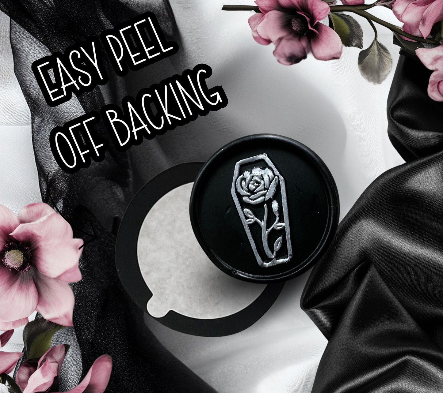 Coffin Rose Wax Seal Sticker – Gothic Soy Wax Seal, Hand-Poured for Envelopes, Gifts & Witchy Stationery