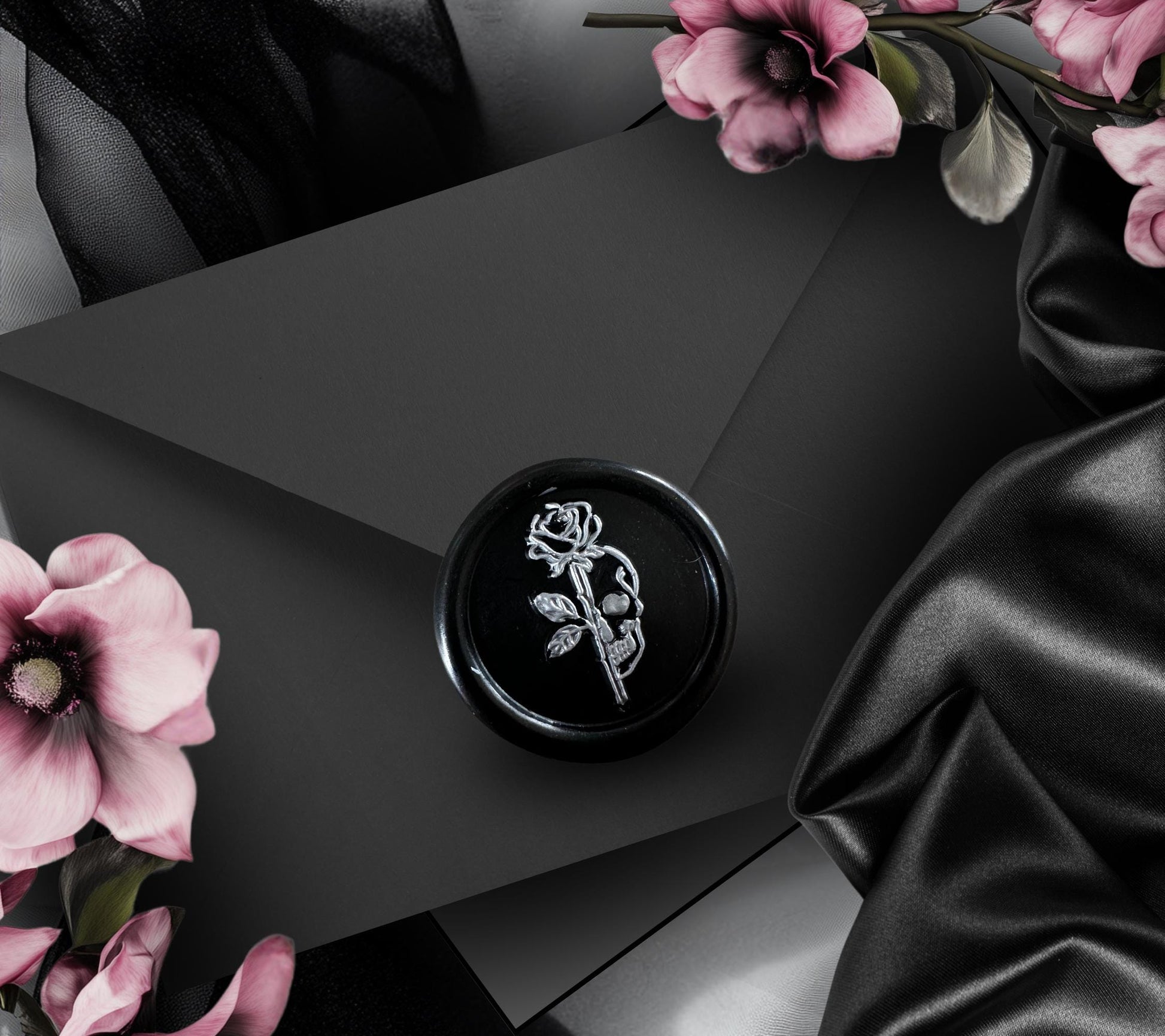 Gothic Half Skull Rose Soy Wax Seal Sticker, Handpoured & Stamped, Elegant Addition for Gothic Wedding Envelopes and Invitations