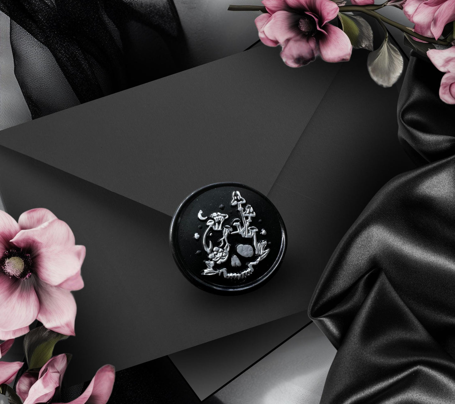 Skull & Mushrooms Wax Seal – Gothic Soy Wax Sticker for Envelopes, Witchy Journals and Gifts