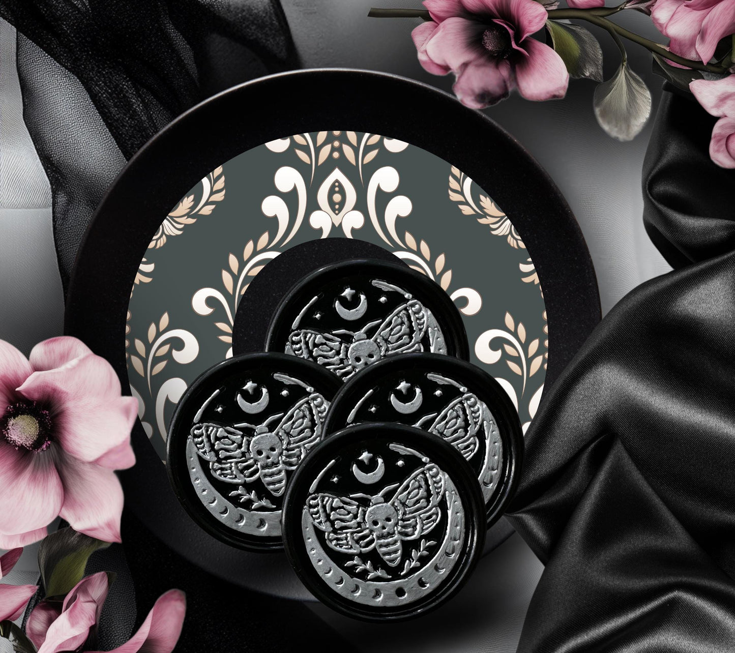 Skeleton Moth & Celestial Moon Gothic Soy Wax Seal Sticker, Handpoured Elegant Addition for Gothic Wedding Envelopes and Invitations