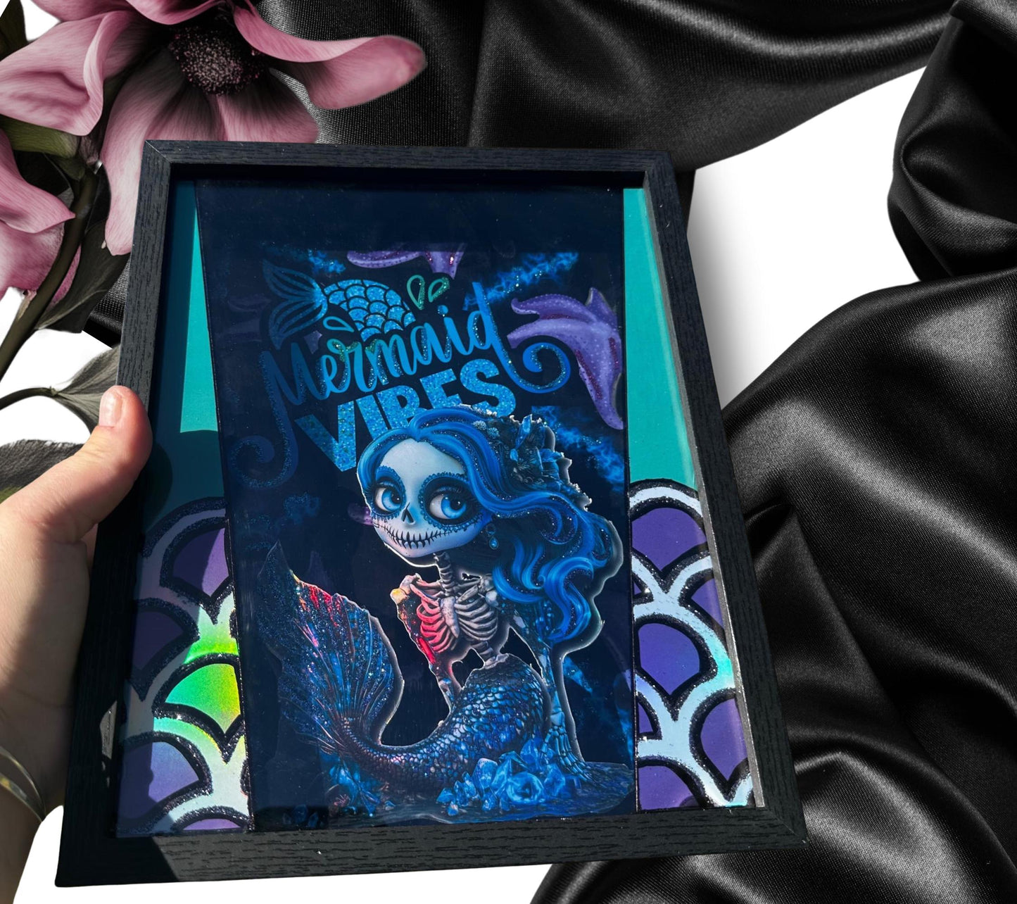 Gothic Caricature Skeleton Mermaid Shadowbox, Unique Dark Academia Wall Decor, Perfect Art for a Gothic Living Space