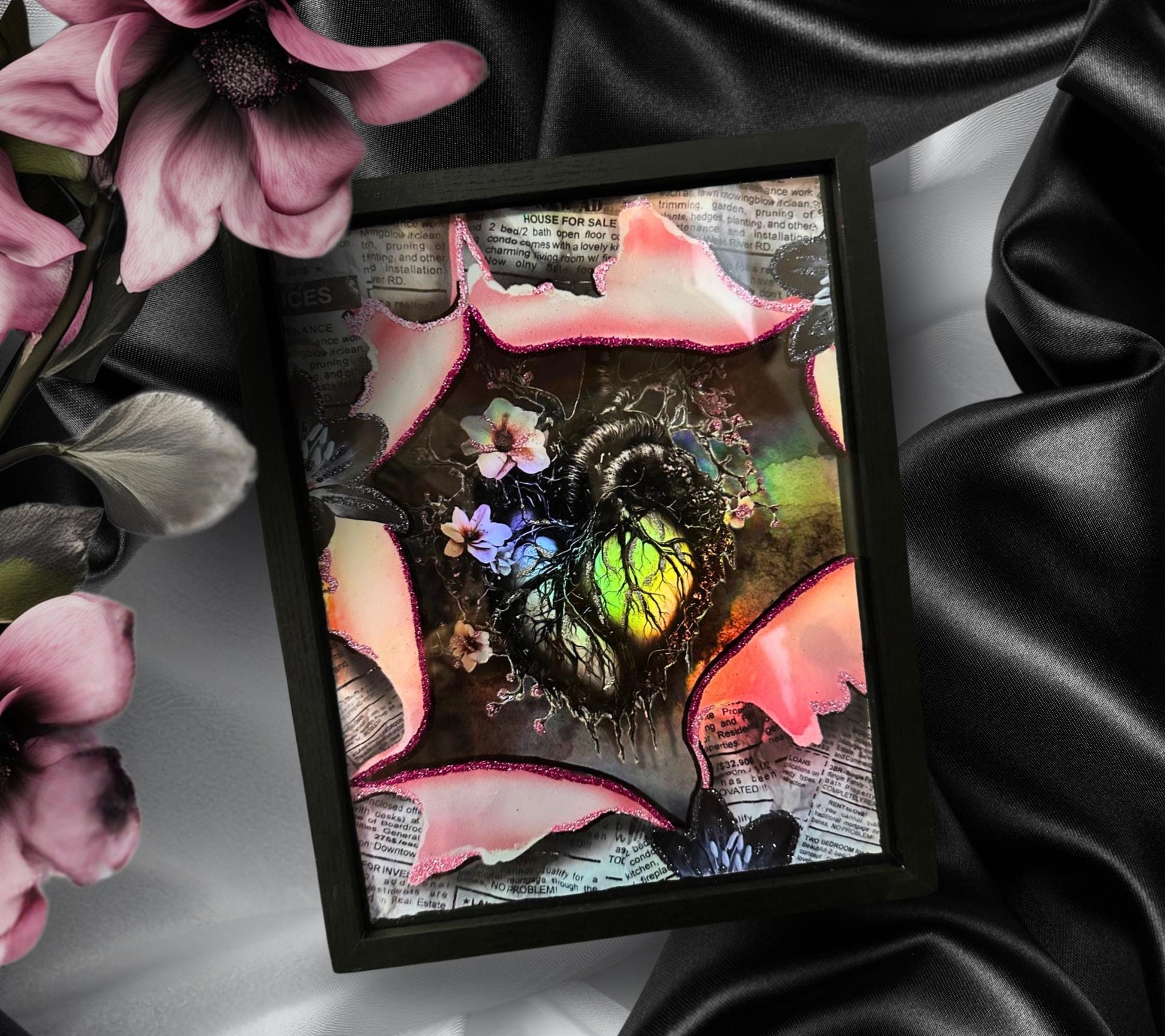 Gothic Anatomically Correct Floral Heart Shadowbox, Unique Dark Academia Wall Decor, Perfect Art for a Gothic Living Space