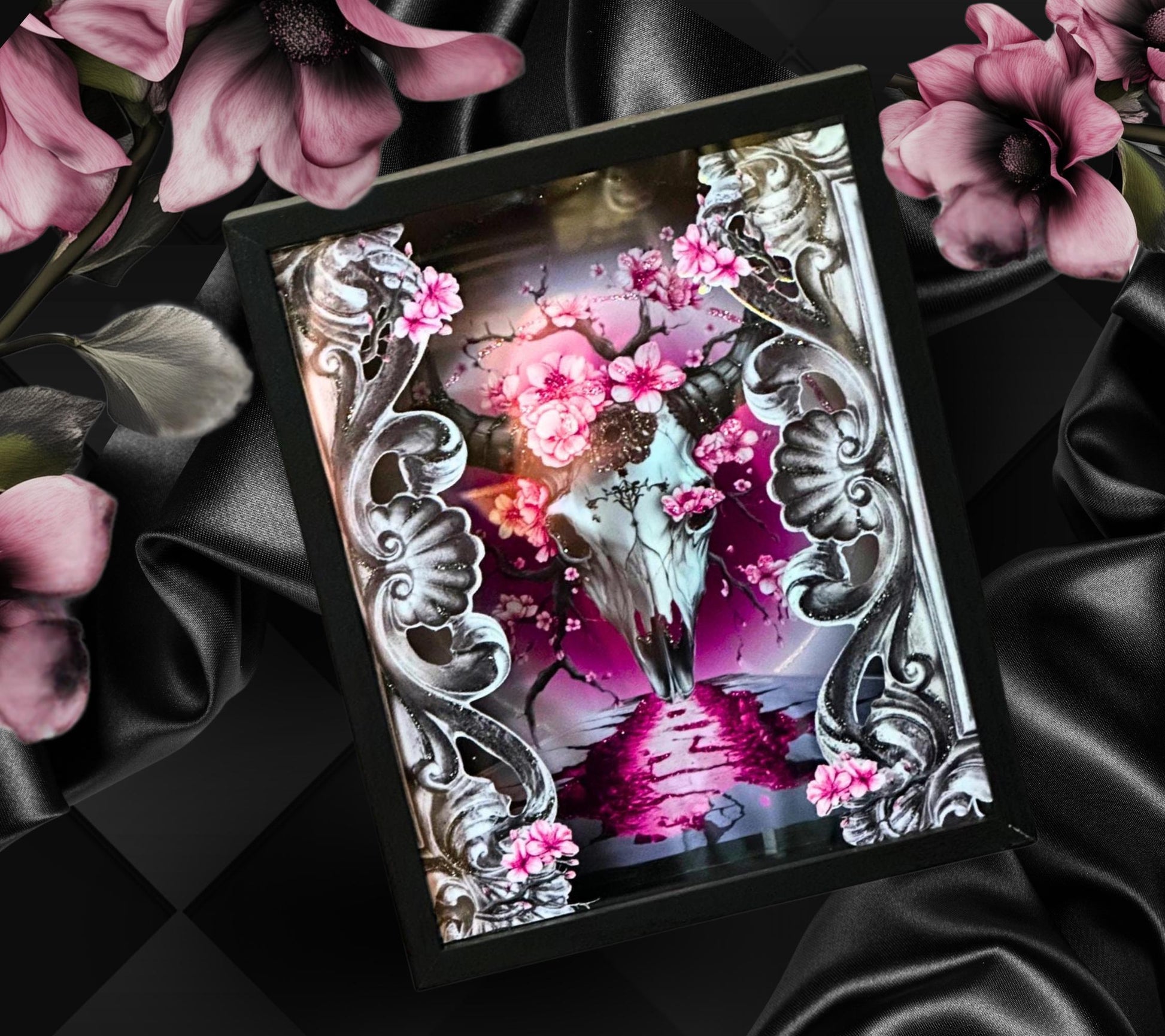 Gothic Cherry Blossom Cow Skull Shadowbox, Unique Dark Academia Wall Decor, Perfect Art for a Gothic Living Space