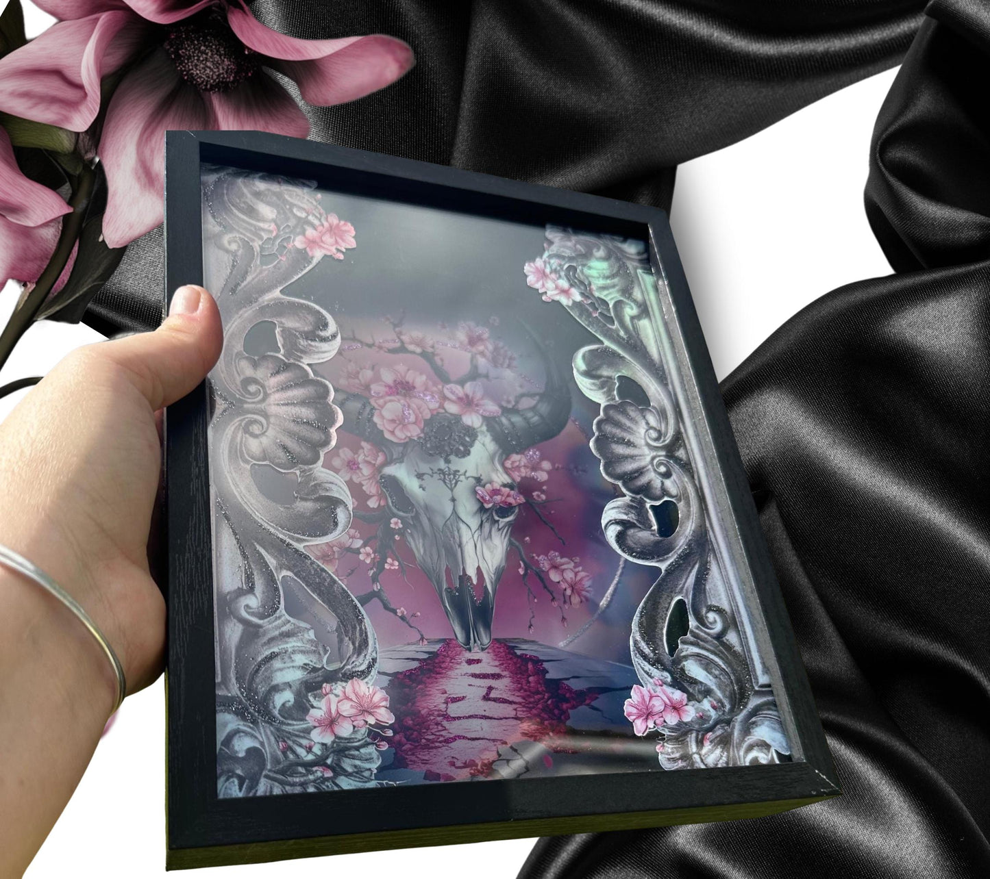 Gothic Cherry Blossom Cow Skull Shadowbox, Unique Dark Academia Wall Decor, Perfect Art for a Gothic Living Space