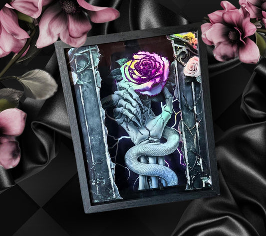 Skeleton Hand & Purple Rose Snake Shadowbox, Unique Dark Academia Wall Decor, Perfect Art for a Gothic Living Space