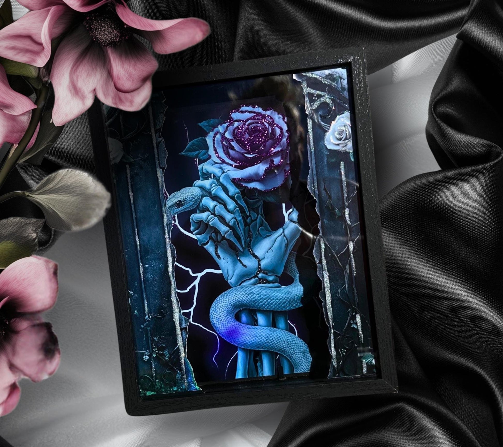 Skeleton Hand & Purple Rose Snake Shadowbox, Unique Dark Academia Wall Decor, Perfect Art for a Gothic Living Space