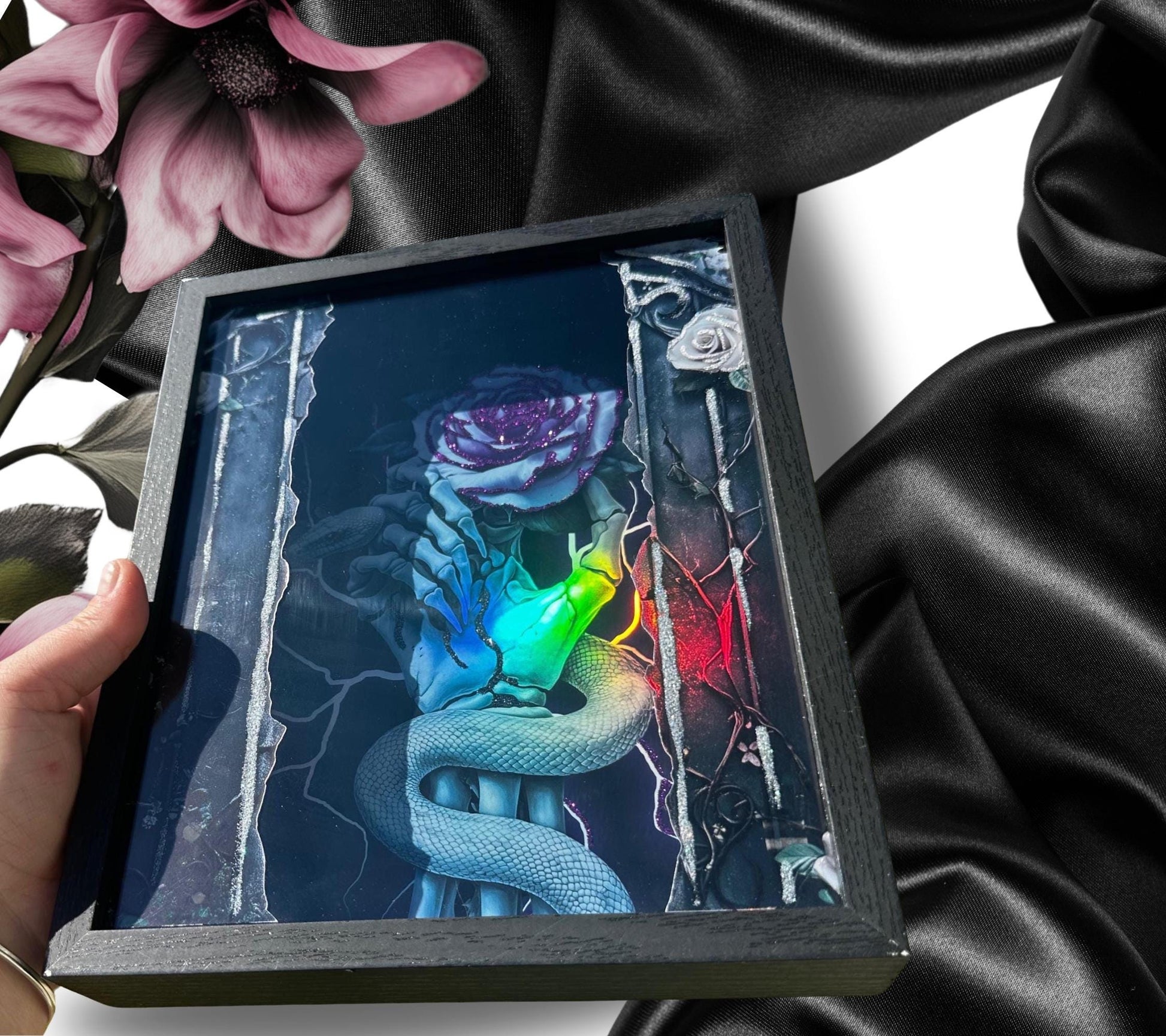 Skeleton Hand & Purple Rose Snake Shadowbox, Unique Dark Academia Wall Decor, Perfect Art for a Gothic Living Space